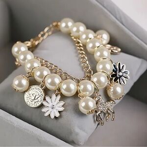 Chic Gold and Pearl Charm Bracelet